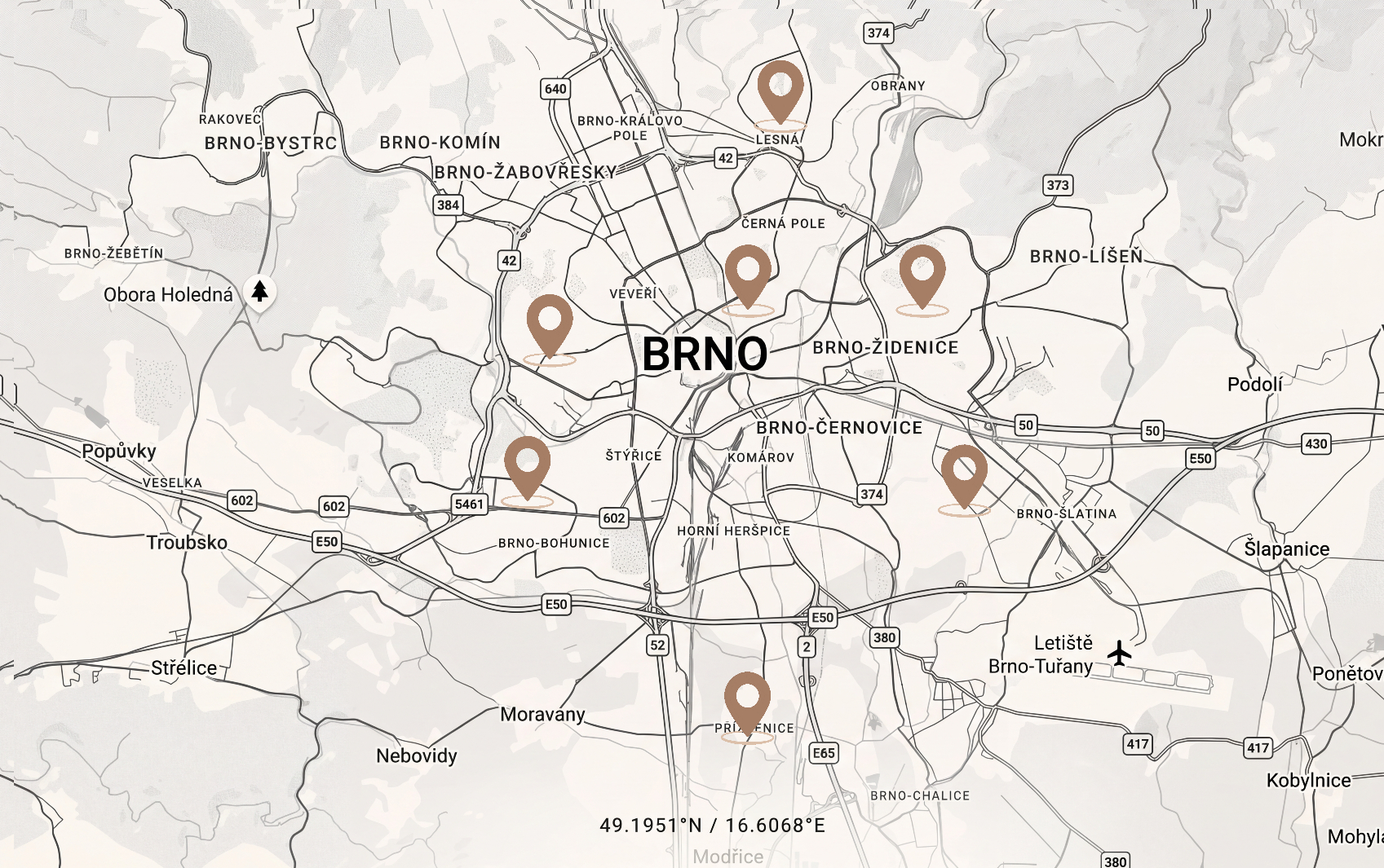 Mapa Brna – lokality kde IGNIS prodává nemovitosti v Jihomoravském kraji